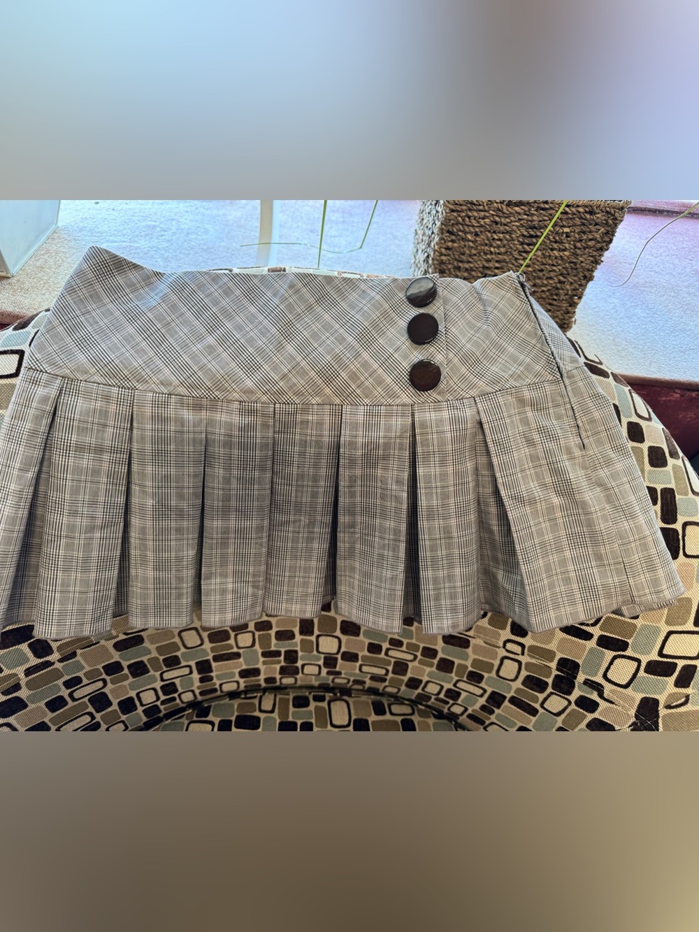 Plaid Pleated Mini Skirt with Button Detail - Gray